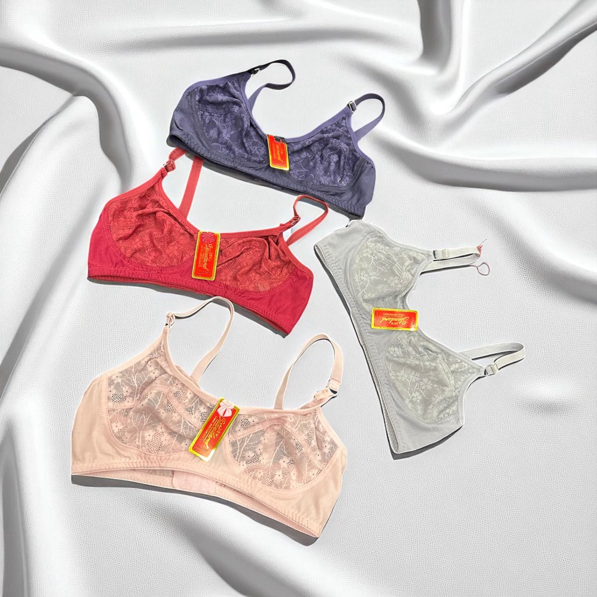 LuxeLace™ Soft Comfort Floral Embroidered Bra Set - Pack of 4